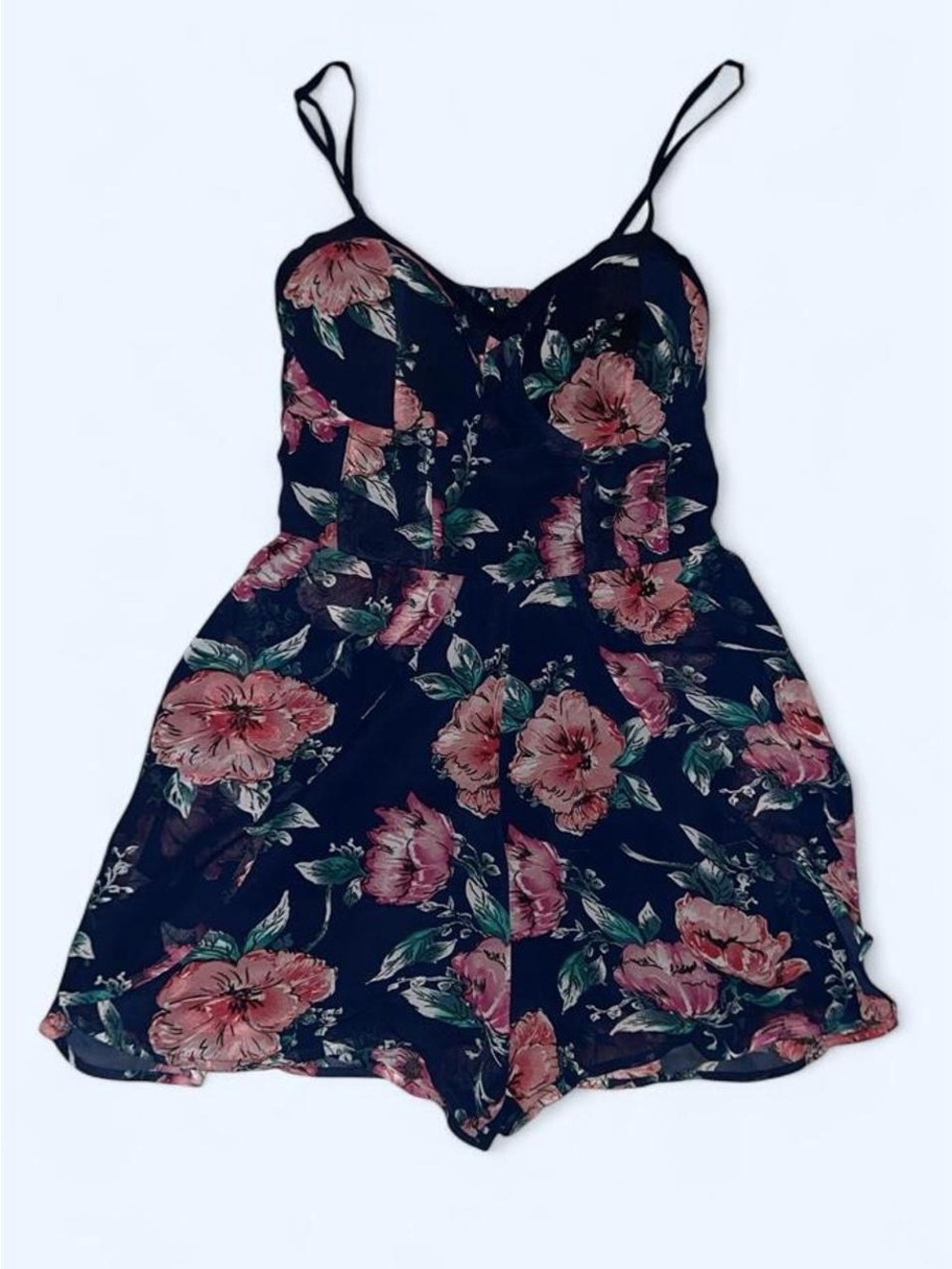 Xhilaration Navy Romper with Pink Floral Print